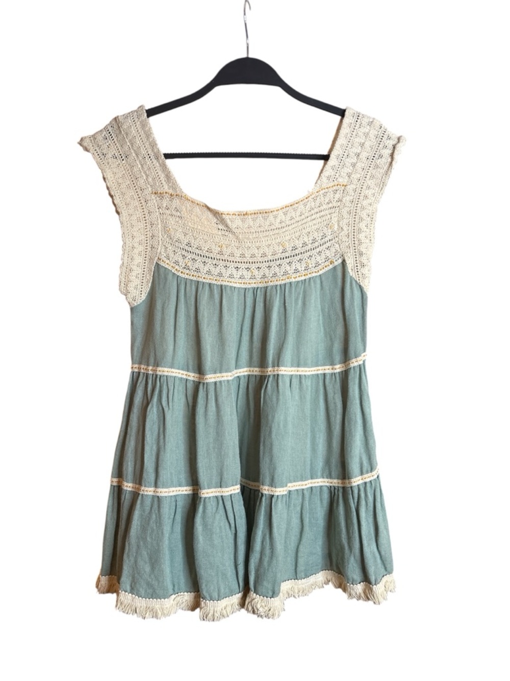 Free People Sage Green Linen & Crochet-Trim Sleeveless Tunic